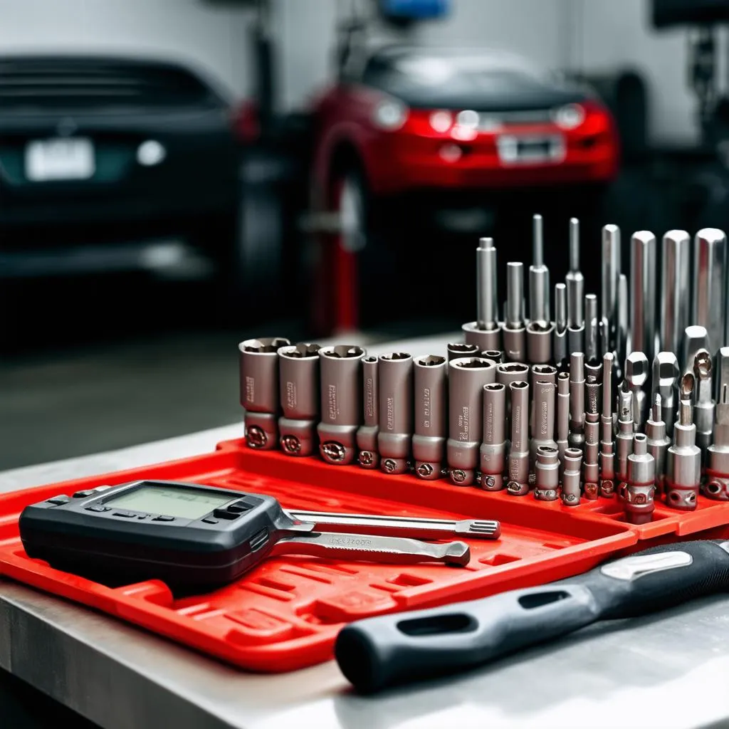 Car repair tools on a workbench